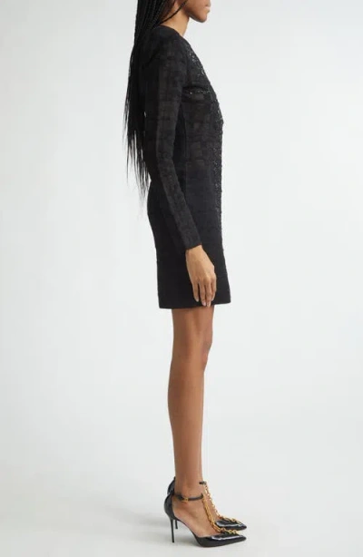 Balmain Tartan Tattoo Embellished Long Sleeve Minidress In Black