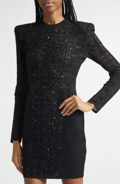 Balmain Tartan Tattoo Embellished Long Sleeve Minidress In Black