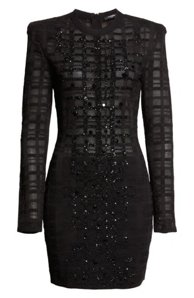 Balmain Tartan Tattoo Embellished Long Sleeve Minidress In Black