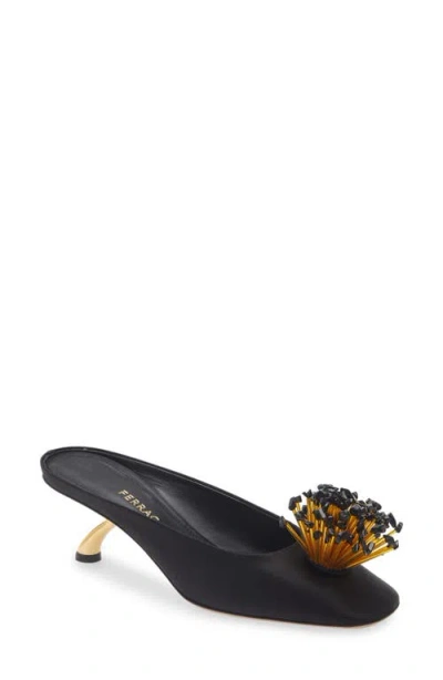 Ferragamo Black Sandals With Low Heel And Crystal Embellishment On The Front In Fabric Woman