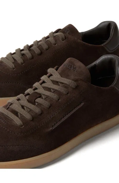 Zegna Suede Low Profile Sneakers Rubber Sole In Brown