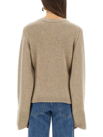 Khaite Relaxed Fit Textured Knit Sweater With Deep V-neckline In Neutral