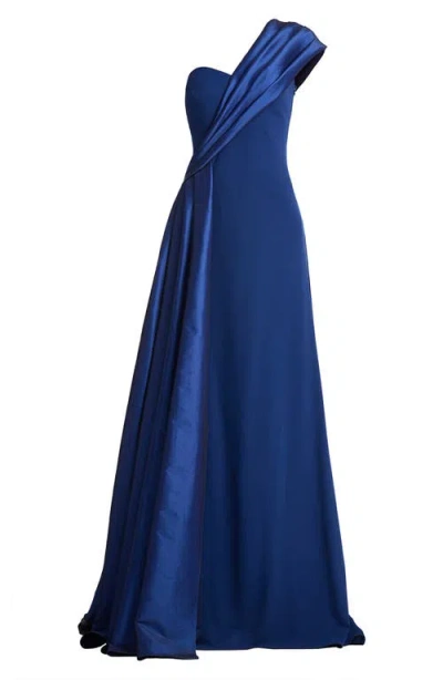 Tadashi Shoji One-shoulder Draped Crepe Gown In Blue