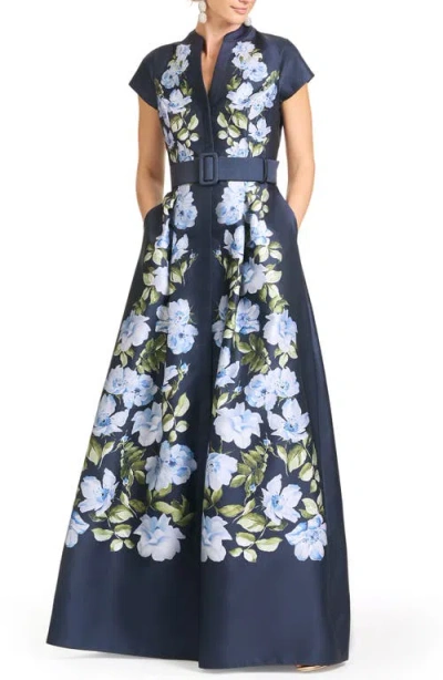 Sachin & Babi Marta Belted Floral-print Mikado Shirt Gown In Blue