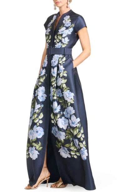 Sachin & Babi Marta Belted Floral-print Mikado Shirt Gown In Blue