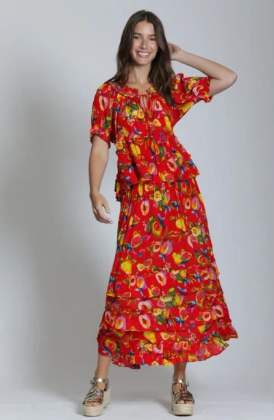 Apny Tiered Pull-on Midi Skirt In Multi