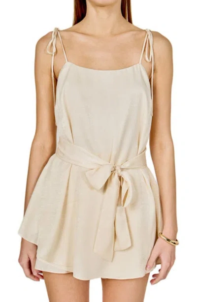 Endless Rose Tie Strap Belted Satin Romper In White