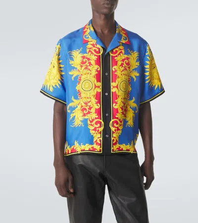 Versace Printed Silk Bowling Shirt In Blue