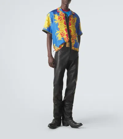 Versace Printed Silk Bowling Shirt In Blue