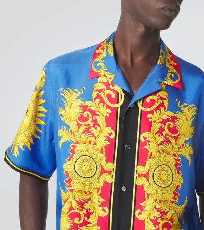 Versace Printed Silk Bowling Shirt In Blue