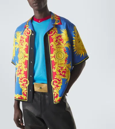 Versace Printed Silk Bowling Shirt In Blue