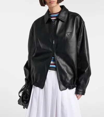 Prada Long-sleeved Leather Jacket In Black