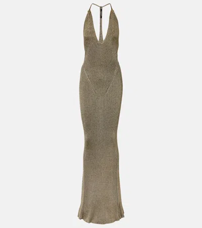 Roberto Cavalli Black And Gold Ribbed Maxi Dress With Snake Motif In Brown