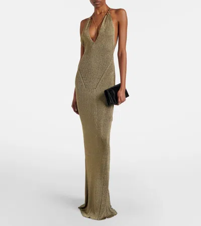 Roberto Cavalli Black And Gold Ribbed Maxi Dress With Snake Motif In Brown