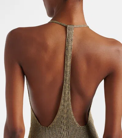 Roberto Cavalli Black And Gold Ribbed Maxi Dress With Snake Motif In Brown