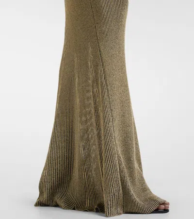 Roberto Cavalli Black And Gold Ribbed Maxi Dress With Snake Motif In Brown