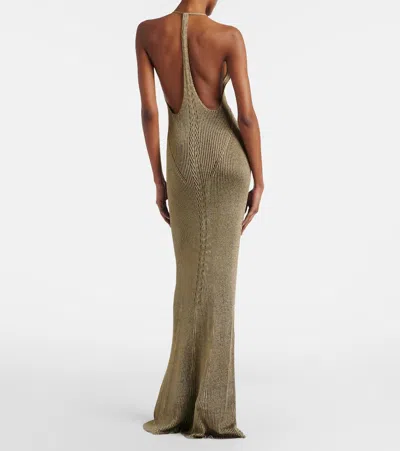 Roberto Cavalli Black And Gold Ribbed Maxi Dress With Snake Motif In Brown
