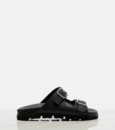 Prada Flat Sole Open Toe Leather Sandals In Black