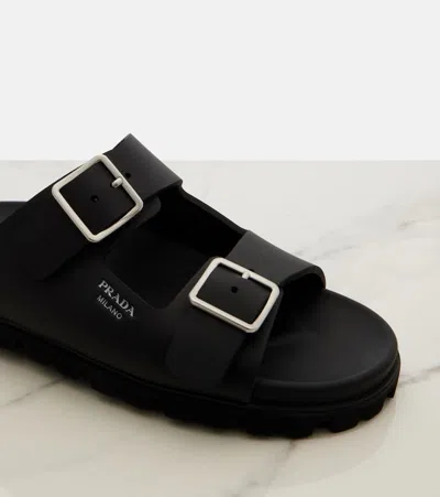 Prada Flat Sole Open Toe Leather Sandals In Black