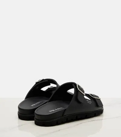 Prada Flat Sole Open Toe Leather Sandals In Black