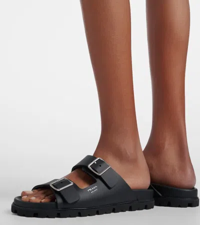 Prada Flat Sole Open Toe Leather Sandals In Black