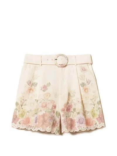 Twinset Beige Shorts With Floral Print And Waist Belt In Linen Woman In Neutral