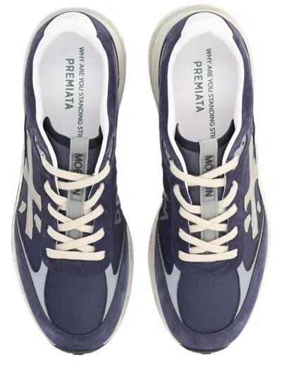 Premiata Blue Suede And Technical Fabric Sneakers With Embossed Logo