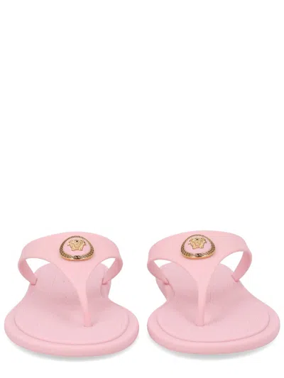 Versace Gianni Ribbon Pink Sandals With Metallic Medusa Head On The Front In Rubber Woman
