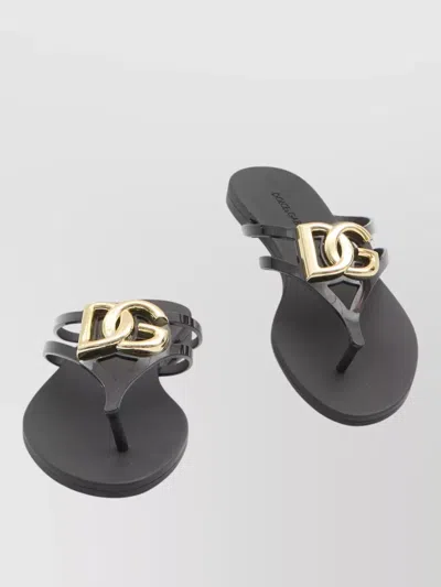 Dolce & Gabbana Women Black Thong Sandals With Logo Plaque On The Front In Rubber Woman