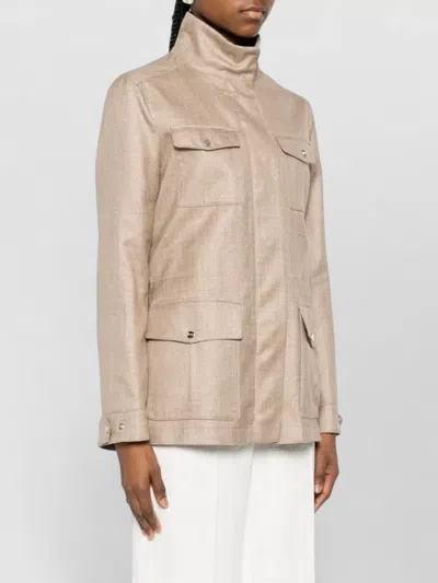 Herno High Collar Jacket Buttoned Cuffs Pockets In Neutral