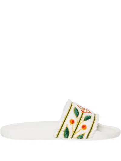 Casablanca Floral-embroidered Sliders In White