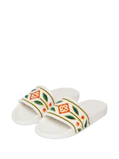 Casablanca Floral-embroidered Sliders In White