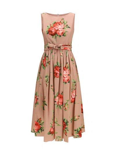 Dolce & Gabbana Abito Midi In Cotone Rosa Con Stampa Fiori Dolce E Gabbana In Pink