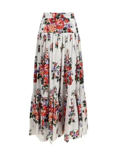 Dolce & Gabbana White Long Skirt With Floral Print And Elasticated Waistband In Cotton Woman