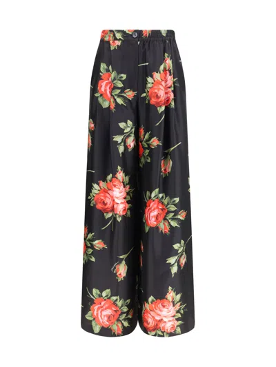 Dolce & Gabbana Women Wide-leg Pants With A Rose Bouquet Print In Black