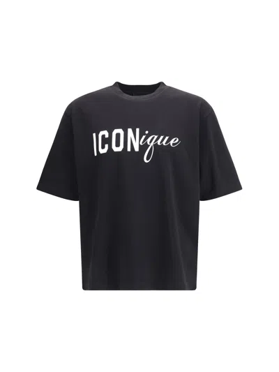 Dsquared2 Black T-shirt Iconique Loose Fit With Round Neck And Logo Print On The Front In Mens Cotton In Black