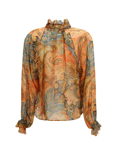 Etro Sheer Chiffon Shirt Paisley Ruffle Neckline In Multi