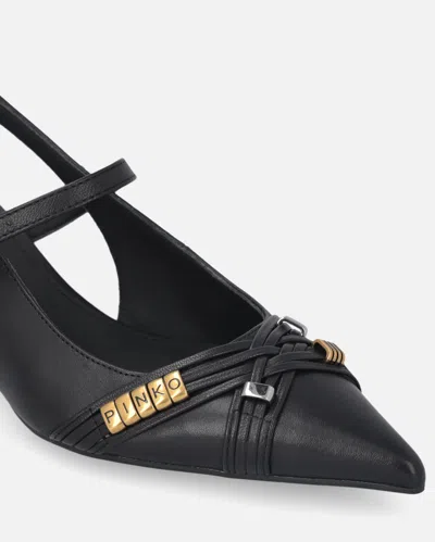 Pinko Gloria 18 Leather Pumps With Metal Lettering Detail In Black