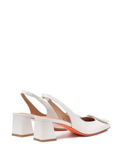 Santoni 50mm Corolle Leather Slingback Buckle Pumps In White