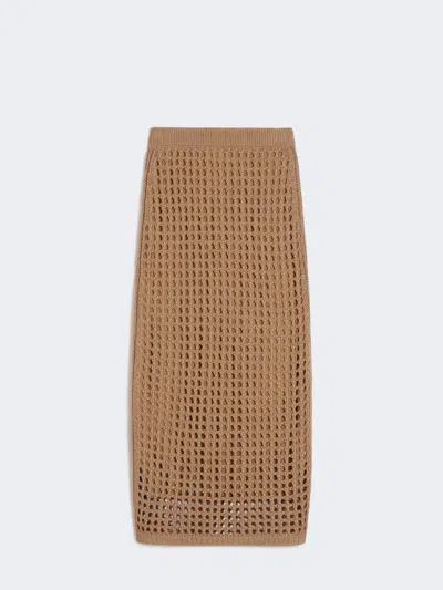 Max Mara Straight Cut Pure Cotton Webbing Skirt With Ribbed Waist In Brown