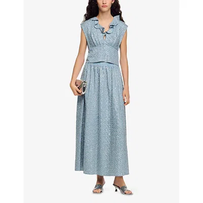 Sandro Womens Blue Sequined Elasticated-waist Woven Maxi Skirt In Blue