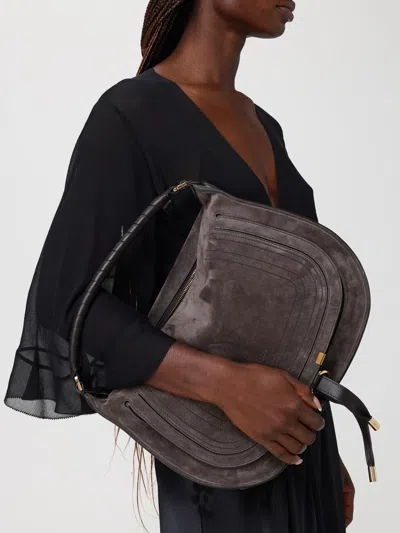 Chloé Marcie Medium Black Shoulder Bag With Logo Lettering On The Front In Suede Woman In Brown