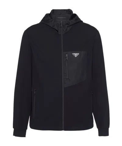 Prada Stretch Cotton Hooded Sweatshirt Chest Pocket In Black