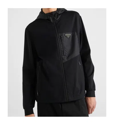 Prada Stretch Cotton Hooded Sweatshirt Chest Pocket In Black