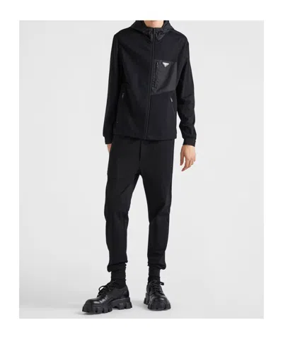 Prada Stretch Cotton Hooded Sweatshirt Chest Pocket In Black