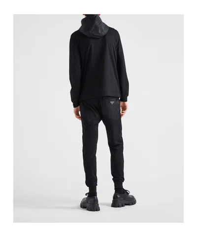 Prada Stretch Cotton Hooded Sweatshirt Chest Pocket In Black