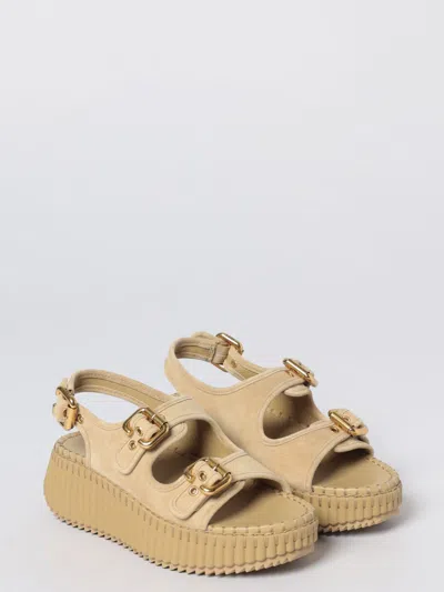 Chloé Chloe Nama Whipstitched Suede Wedge Sandals In Neutral
