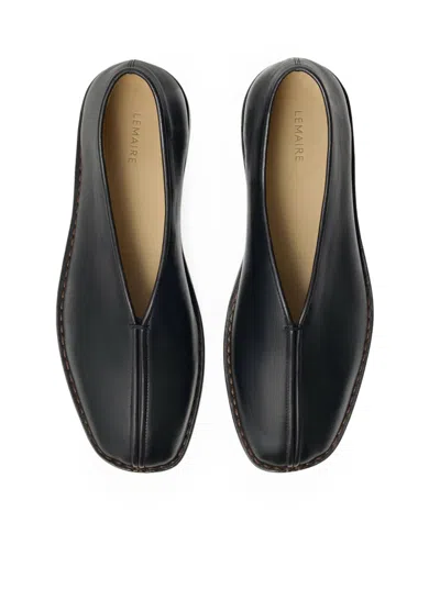 Lemaire Leather Loafers Square Toe Seam Detailing In Black