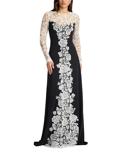 Tadashi Shoji Lace Detail Long Sleeve Crepe Gown In Black