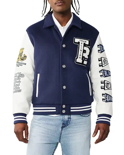 True Religion Varsity Wool Logo Patch Jacket In Blue